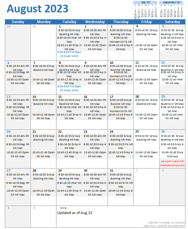 EVENTS SCHEDULE - Yukon Pickleball Association